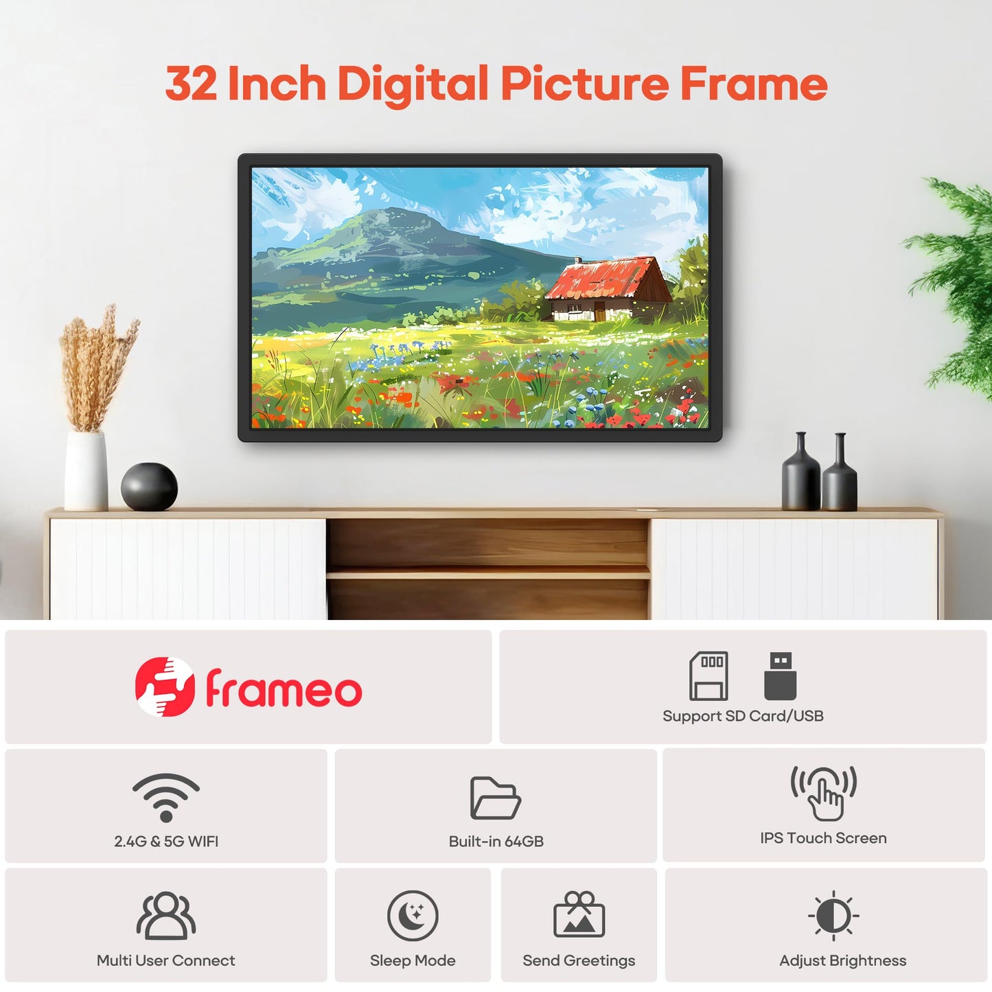 Frameo 32-Inch Smart Digital Picture Frame with WiFi & 64GB Storage