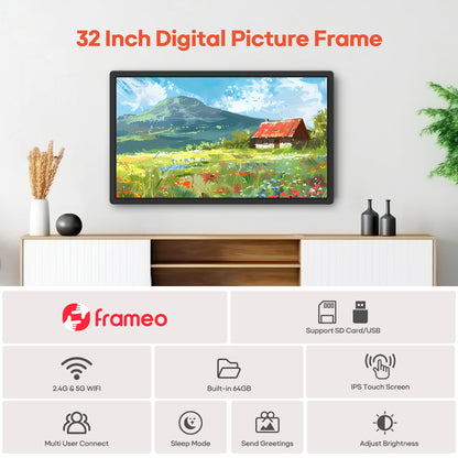 Frameo 32-Inch Smart Digital Picture Frame with WiFi & 64GB Storage