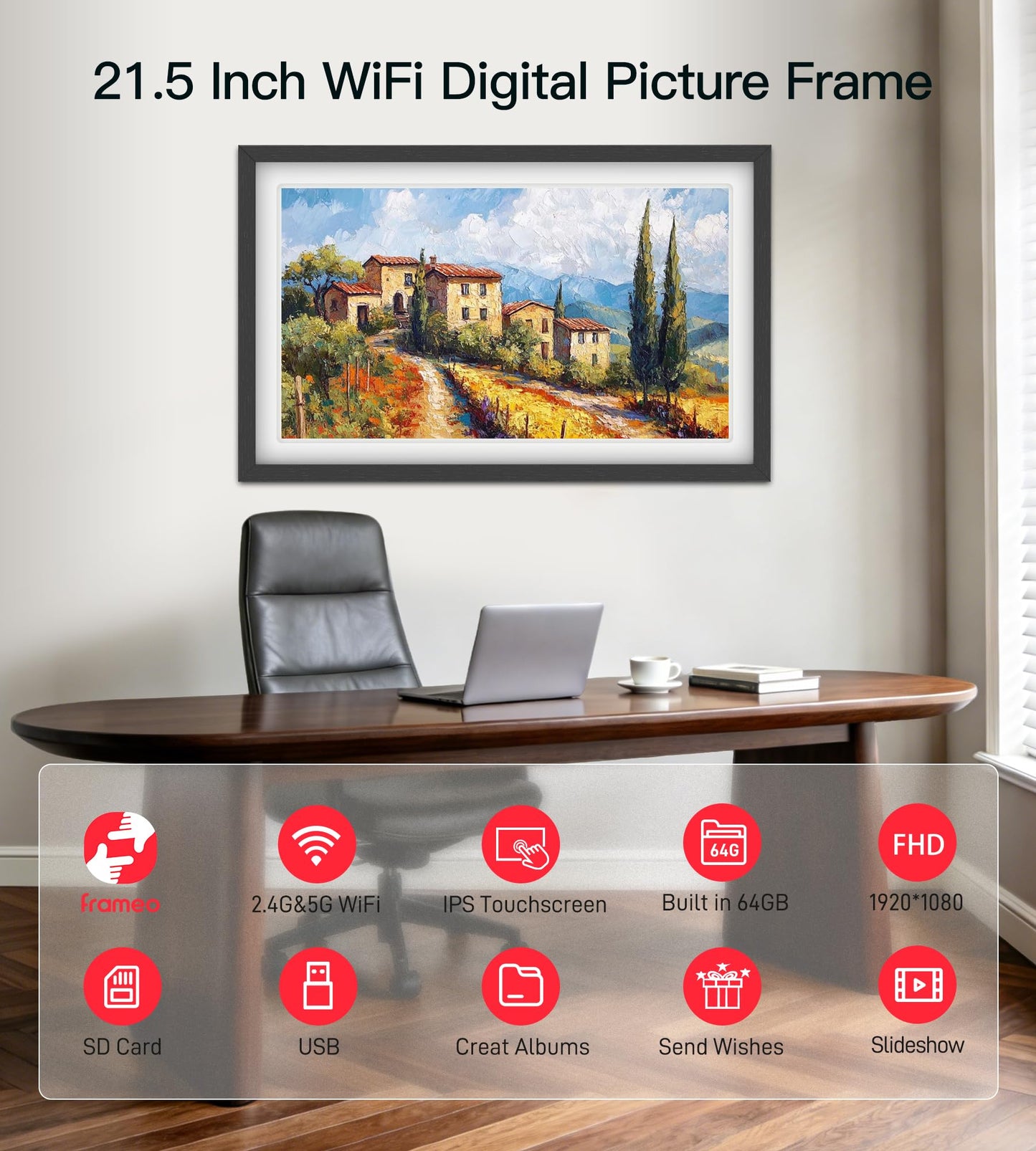 BIGASUO 21.5-Inch Frameo WiFi Digital Picture Frame with FHD IPS Display