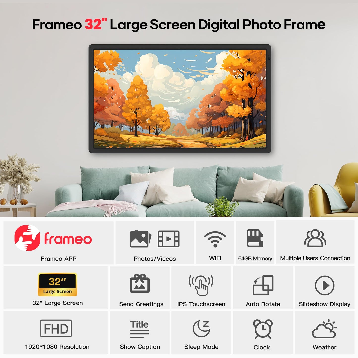 Frameo 32-Inch Extra Large Smart WiFi Digital Photo Frame – FHD Touch Screen